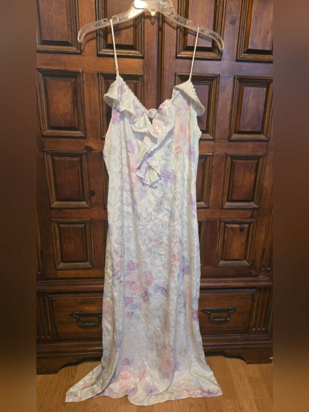 Komar Women’s Satin Floral Slip Nightgown Gown Lace Ruffle M Polyester